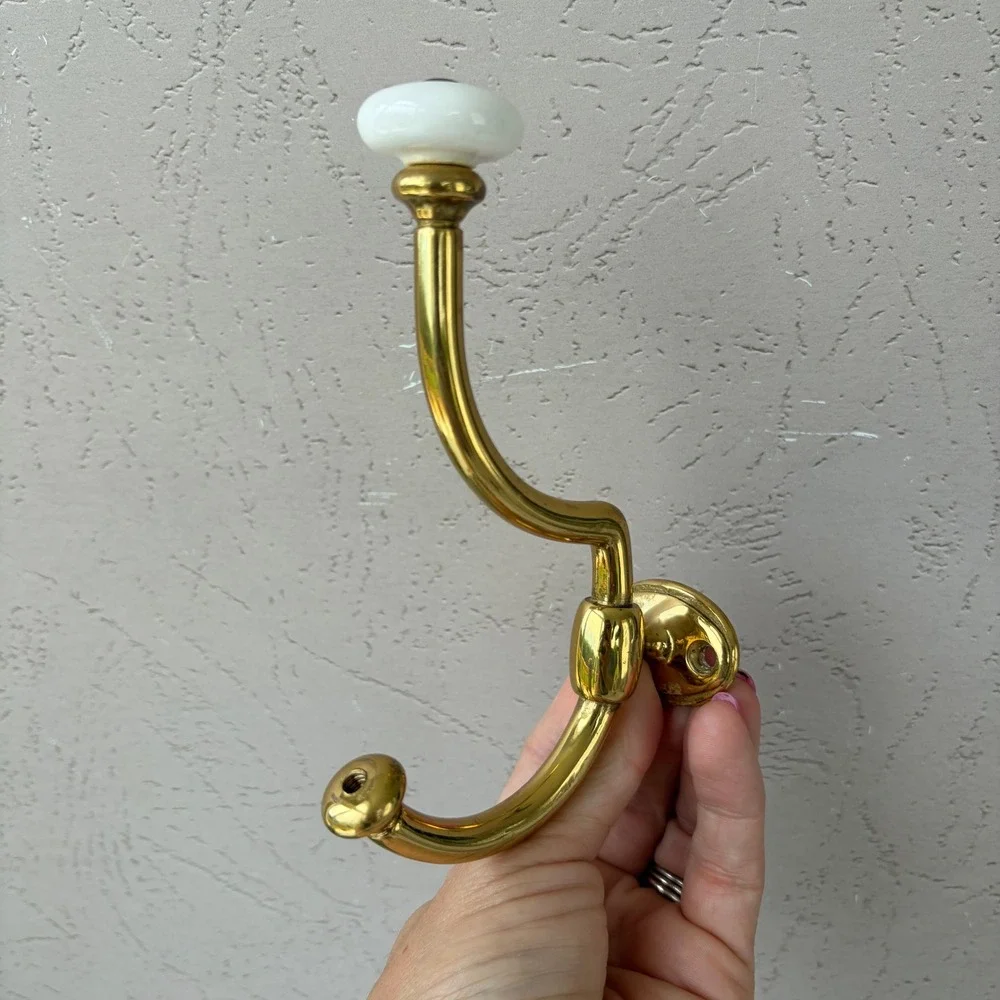 Vintage Brass Double Wall Hook with White Porcelain Ceramic Finial Finial 5.5in